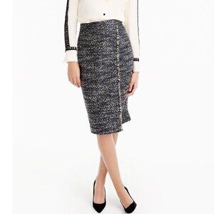 NWT J.Crew Metallic Tweed Wrap Pencil Skirt Navy Ivory Silver Size 0 Petite